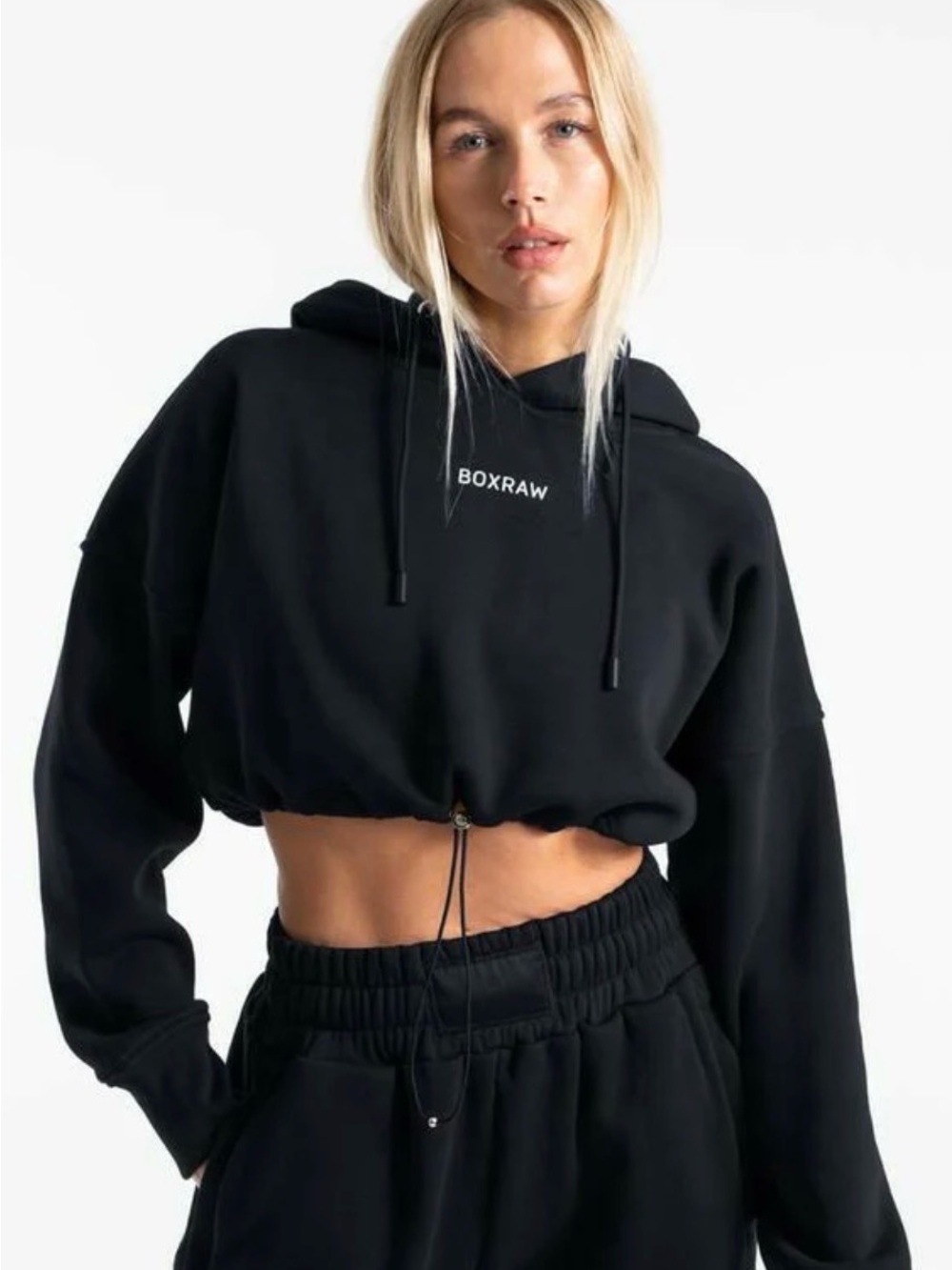 BOXRAW Black Cropped Drawcord Hoodie